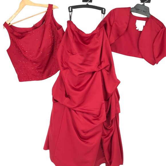 Alfred Angelo Three Piece Bridesmaid Dress Red Short Sleeve Jacket Womens 20 - Picture 2 of 16